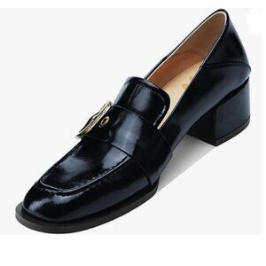 YDN Navy Square Toe Heeled Loafers Slip on Block Low Heel Pumps Buckle Wear Shoe